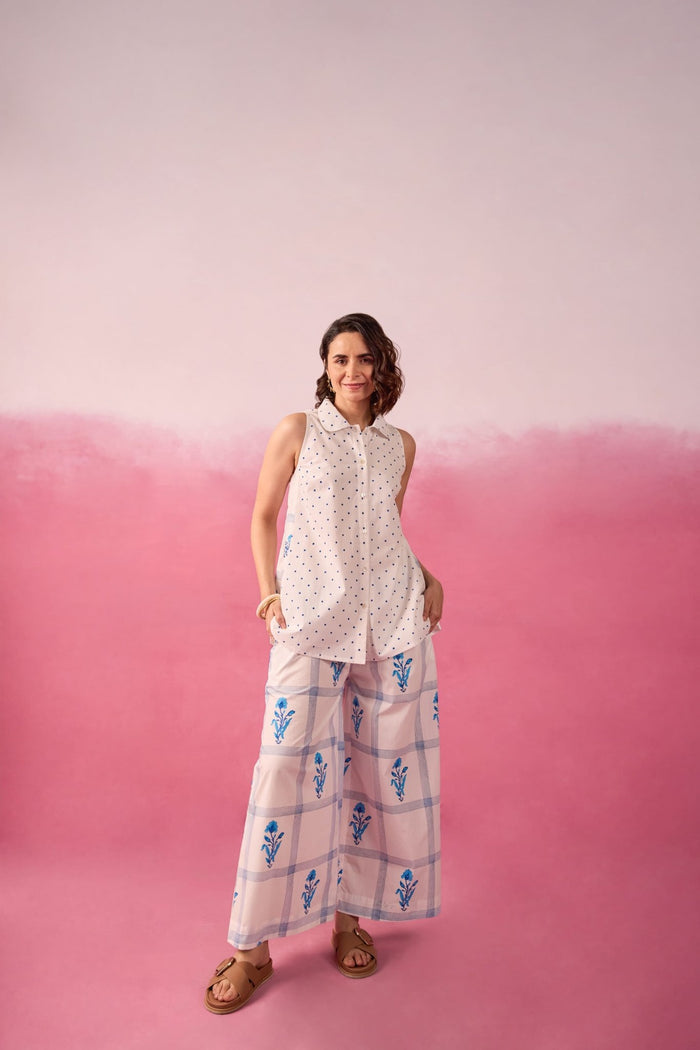 Blue Polka Dot & Floral Check Sleeveless Hand Block Printed Co-ord Set - Tara-C-Tara