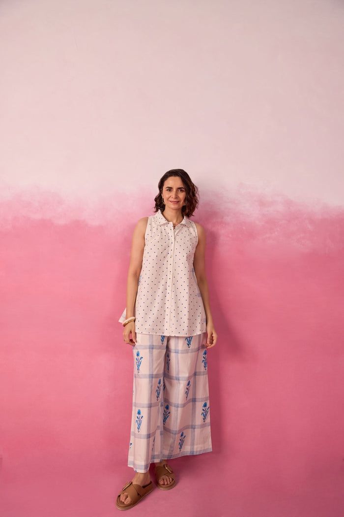 Blue Polka Dot & Floral Check Sleeveless Hand Block Printed Co-ord Set - Tara-C-Tara