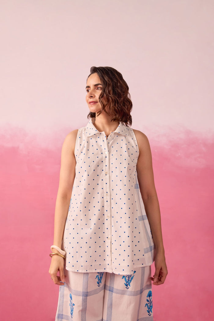 Blue Polka Dot & Floral Check Sleeveless Hand Block Printed Co-ord Set - Tara-C-Tara