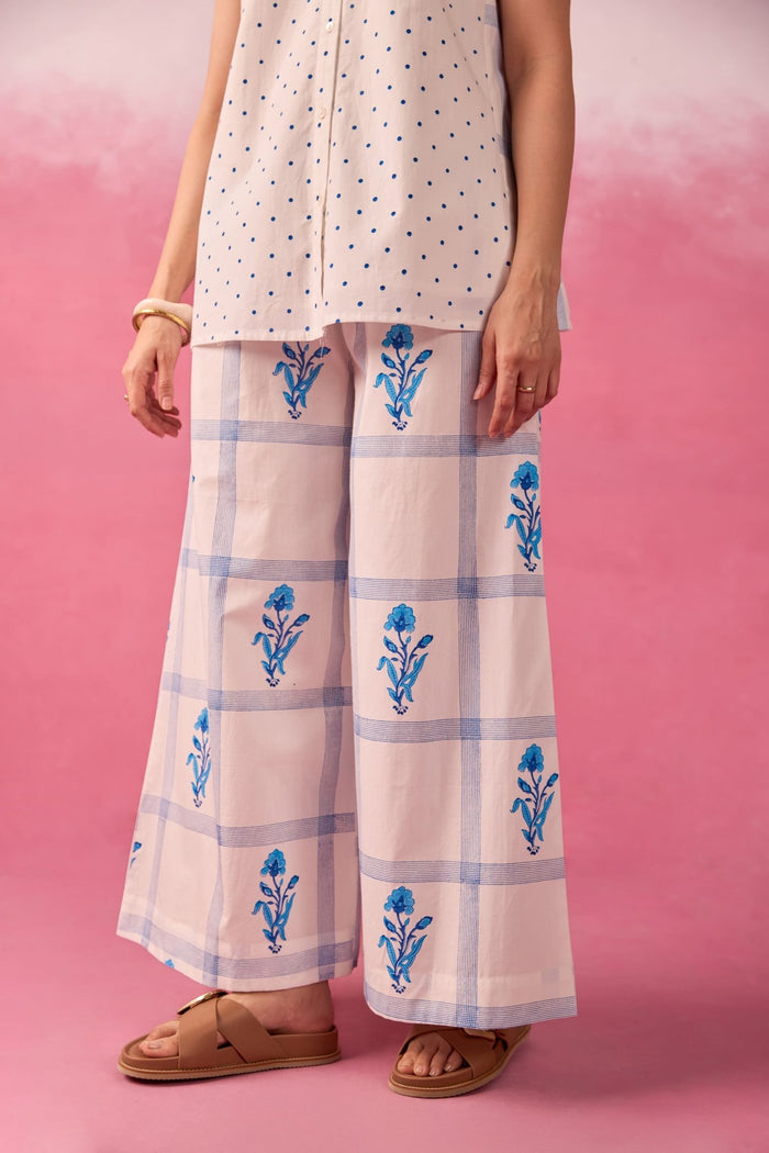 Blue Polka Dot & Floral Check Sleeveless Hand Block Printed Co-ord Set - Tara-C-Tara
