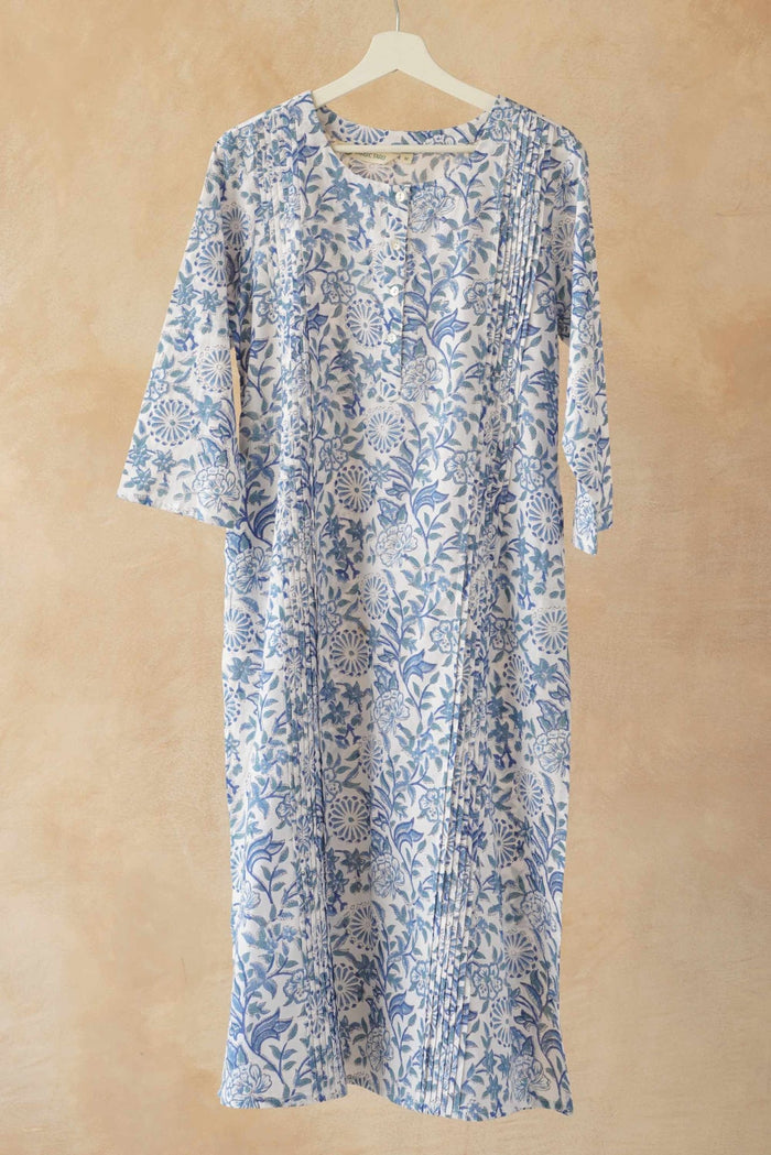 Blue & White Floral Hand Block Print Pintuck Kurta - Tara - C - Tara