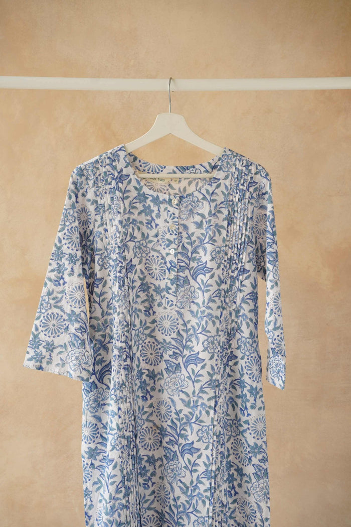 Blue & White Floral Hand Block Print Pintuck Kurta - Tara - C - Tara