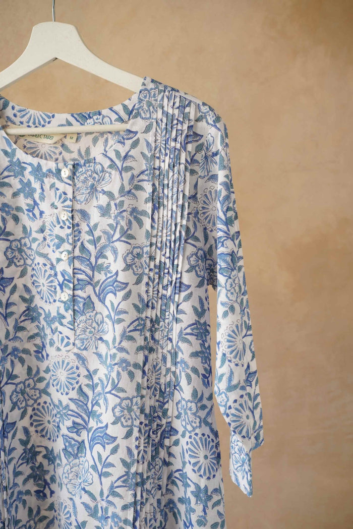 Blue & White Floral Hand Block Print Pintuck Kurta - Tara - C - Tara
