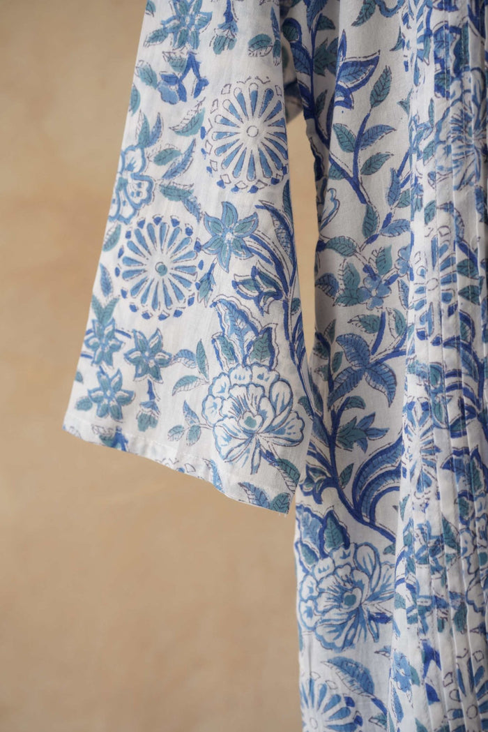 Blue & White Floral Hand Block Print Pintuck Kurta - Tara - C - Tara