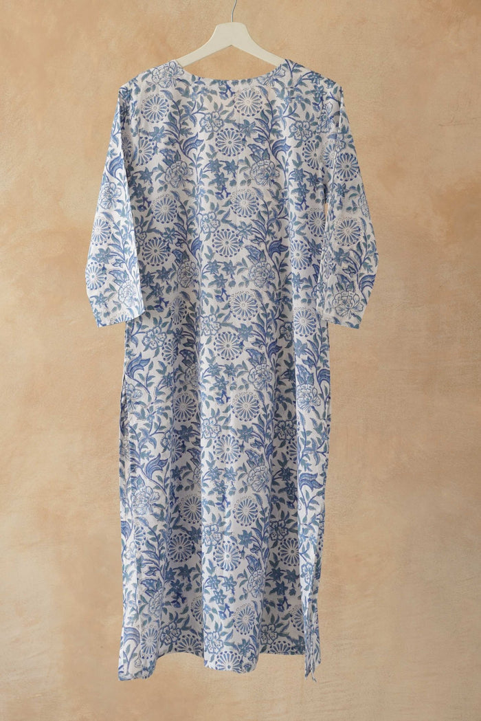 Blue & White Floral Hand Block Print Pintuck Kurta - Tara - C - Tara