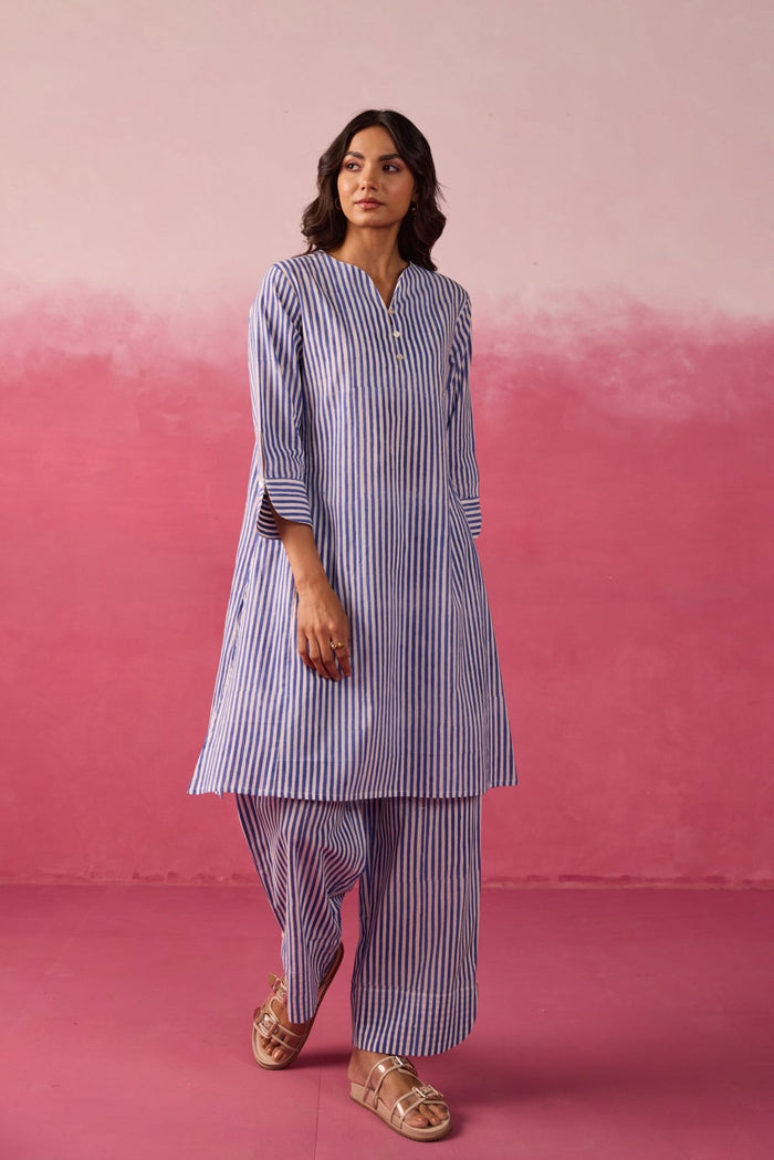 Blue & White Stripe Hand Block Printed Cotton Co-ord Set - Tara-C-Tara