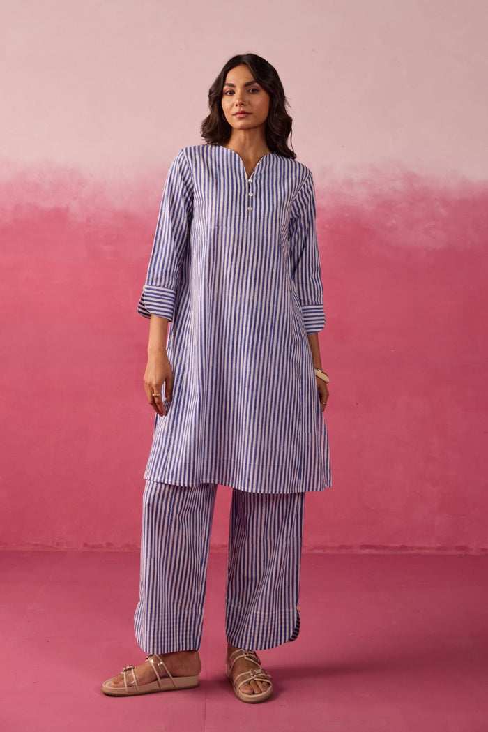 Blue & White Stripe Hand Block Printed Cotton Co-ord Set - Tara-C-Tara