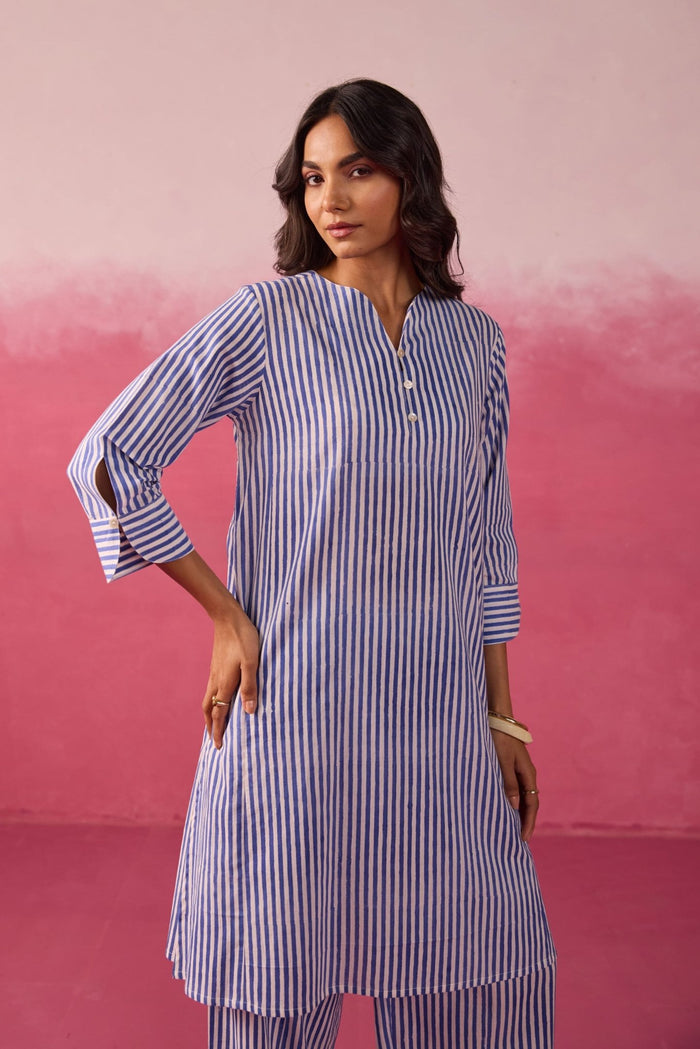 Blue & White Stripe Hand Block Printed Cotton Co-ord Set - Tara-C-Tara