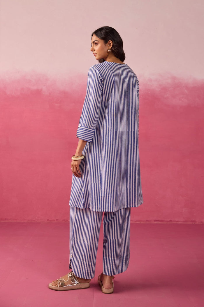Blue & White Stripe Hand Block Printed Cotton Co-ord Set - Tara-C-Tara