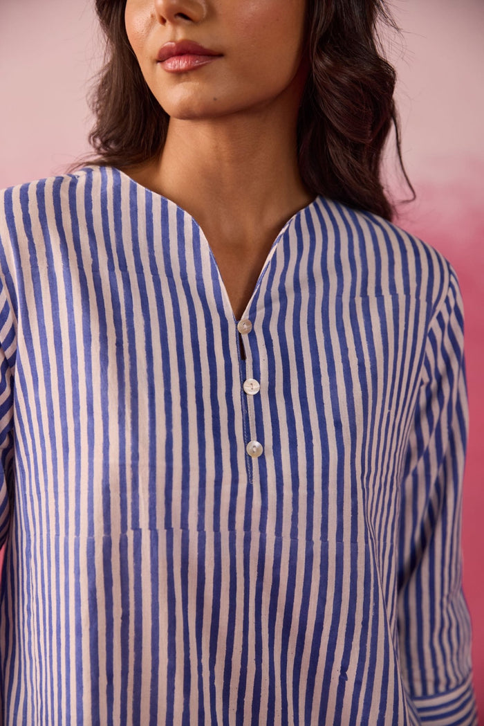 Blue & White Stripe Hand Block Printed Cotton Co-ord Set - Tara-C-Tara