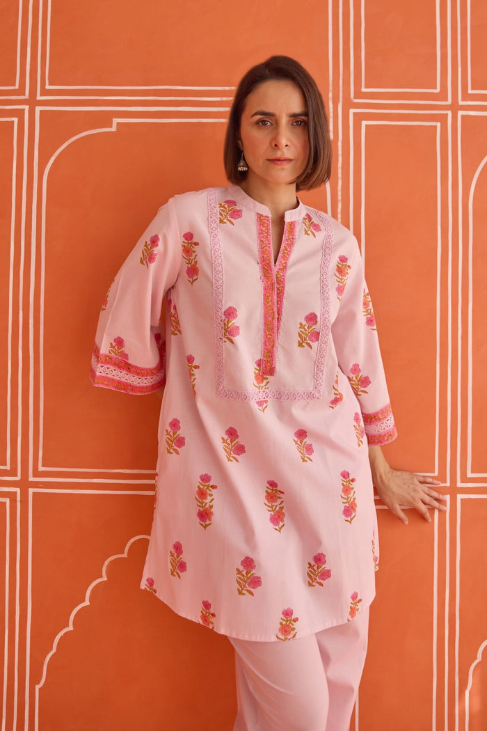 Blush Pink Floral Hand Block Print Co - ord Set - Tara - C - Tara