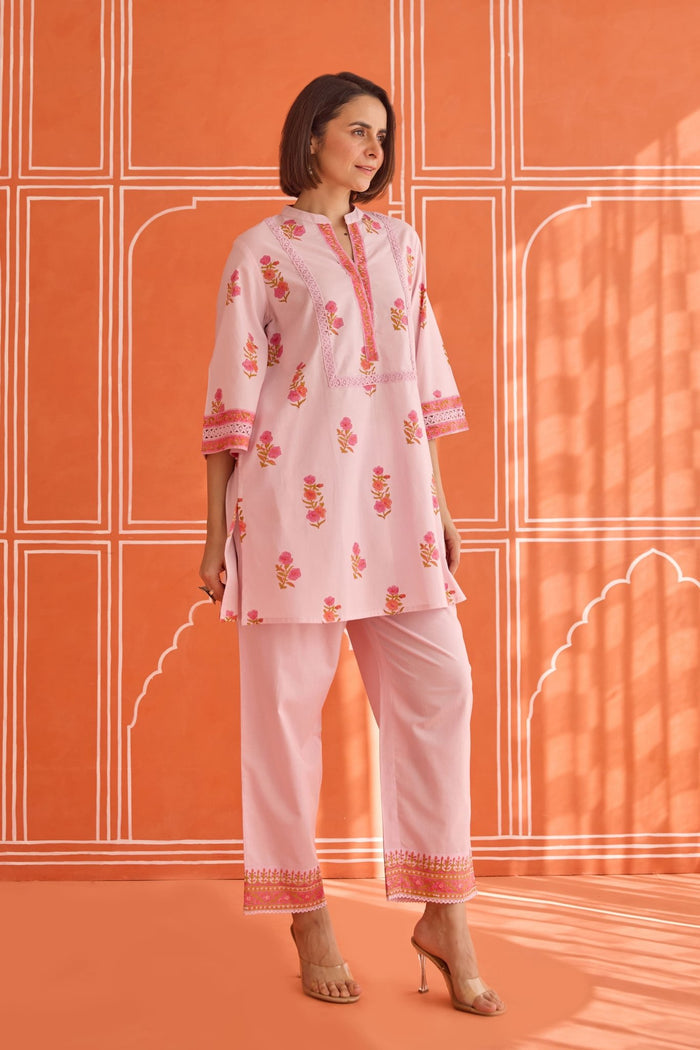 Blush Pink Floral Hand Block Print Co - ord Set - Tara - C - Tara