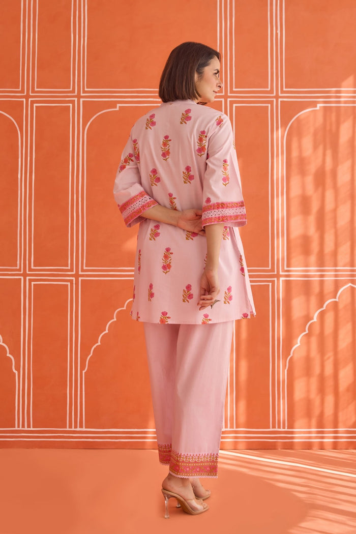 Blush Pink Floral Hand Block Print Co - ord Set - Tara - C - Tara