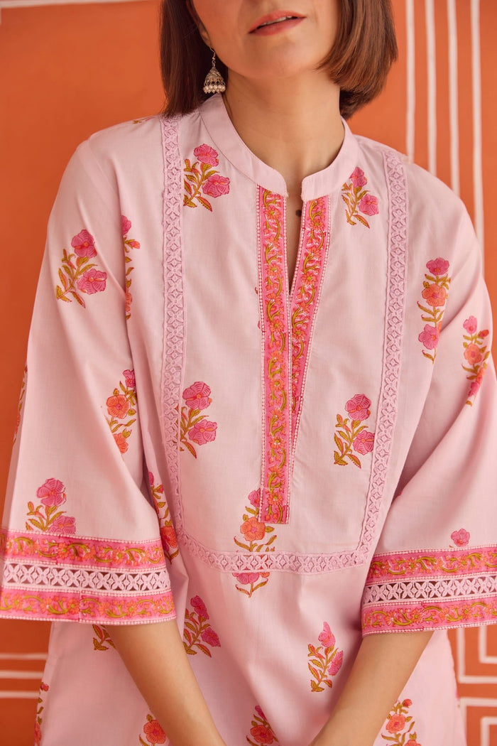 Blush Pink Floral Hand Block Print Co - ord Set - Tara - C - Tara