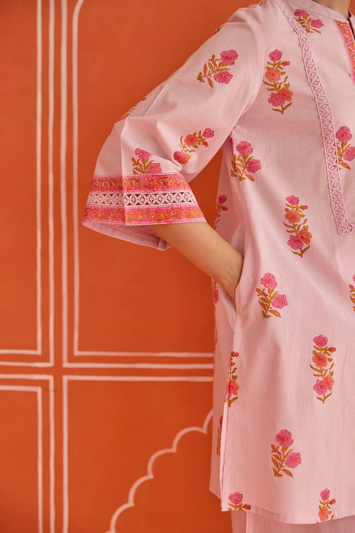 Blush Pink Floral Hand Block Print Co - ord Set - Tara - C - Tara