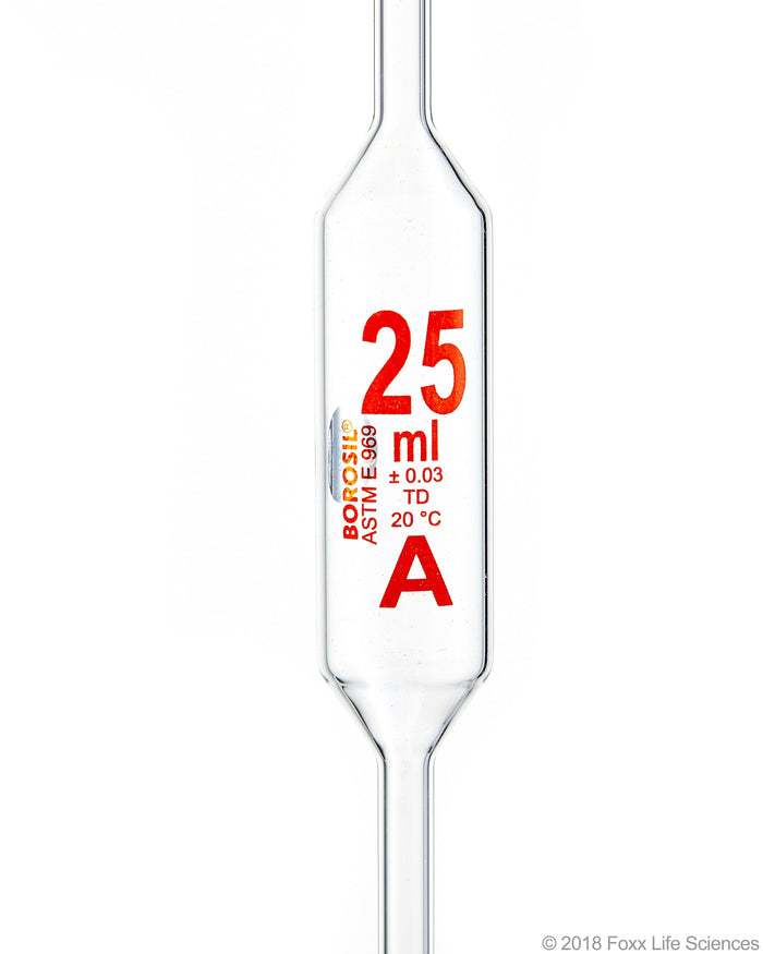 Borosil Volumetric Pipette Bulb Pipette Class A Accuracy ASTM Batch Certificate 25mL Borosilicate - SolventWaste.com