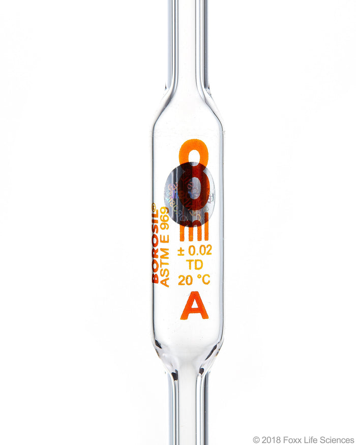 Borosil Volumetric Pipette Bulb Pipette Class A Accuracy ASTM Batch Certificate 8mL Borosilicate - SolventWaste.com