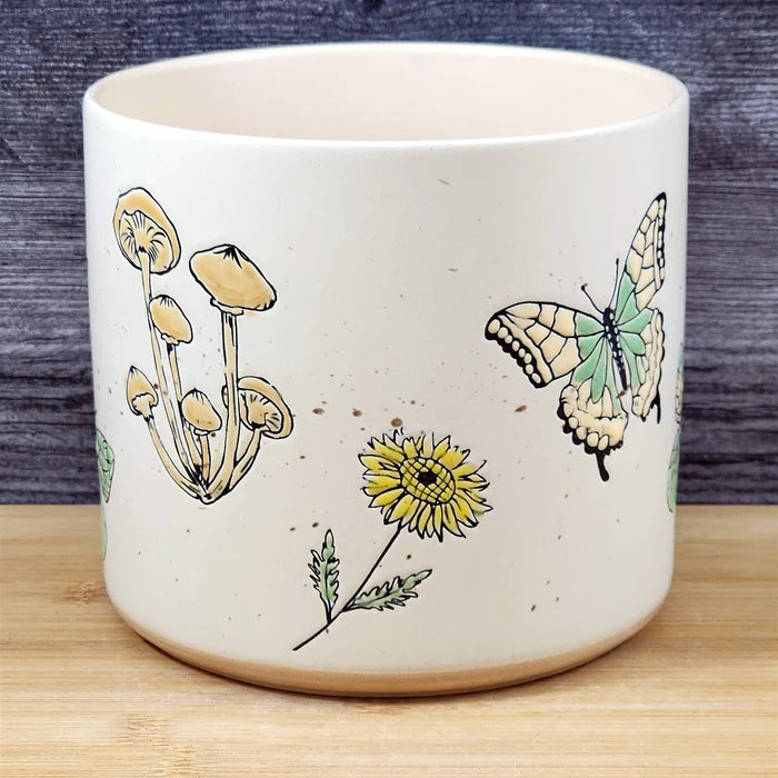 Butterfly and Mushroom Flower Planter Pot Utensil Holder Ceramic 5in Blue Sky