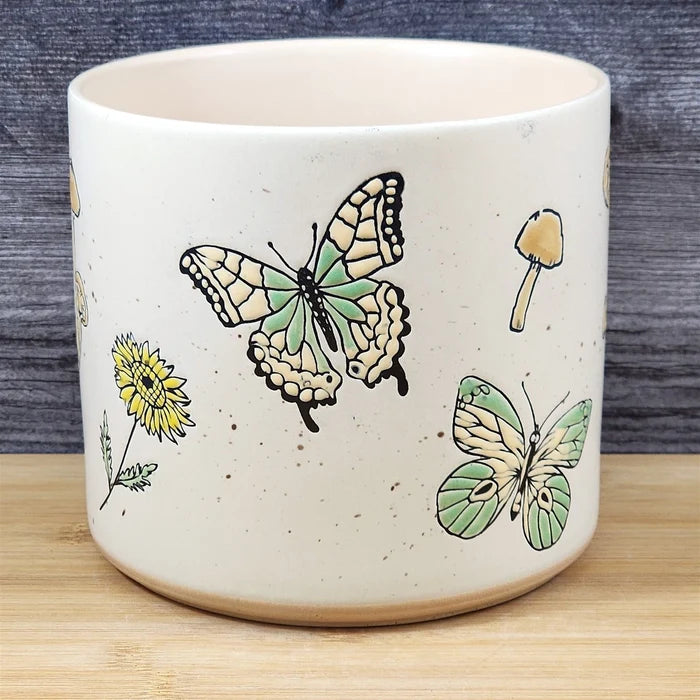 Butterfly and Mushroom Flower Planter Pot Utensil Holder Ceramic 5in Blue Sky