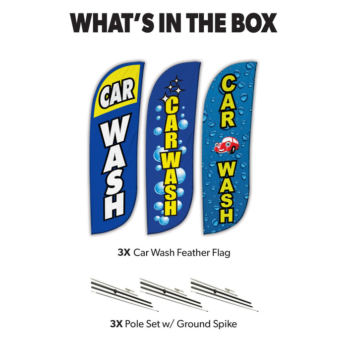 Car Wash Feather Flag - Variety 3 Pack w/ Ground Spike Pole Set