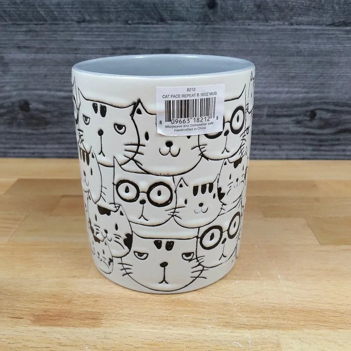 Cat Face Ceramic Coffee Mug Embossed Tea Cup 16oz (473ml) By Blue Sky