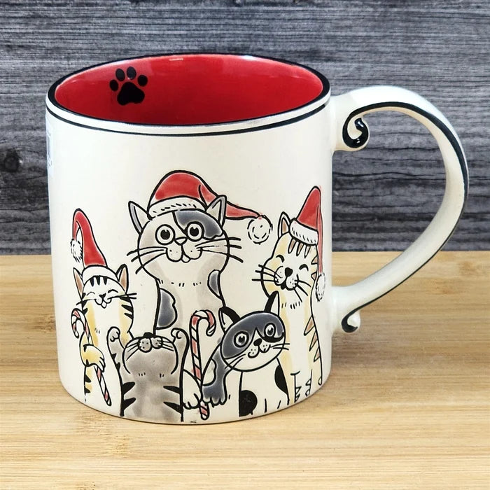 Christmas Cats in Santa Hat Ceramic Mug Blue Sky Ceramic Red Cup Holiday 21oz