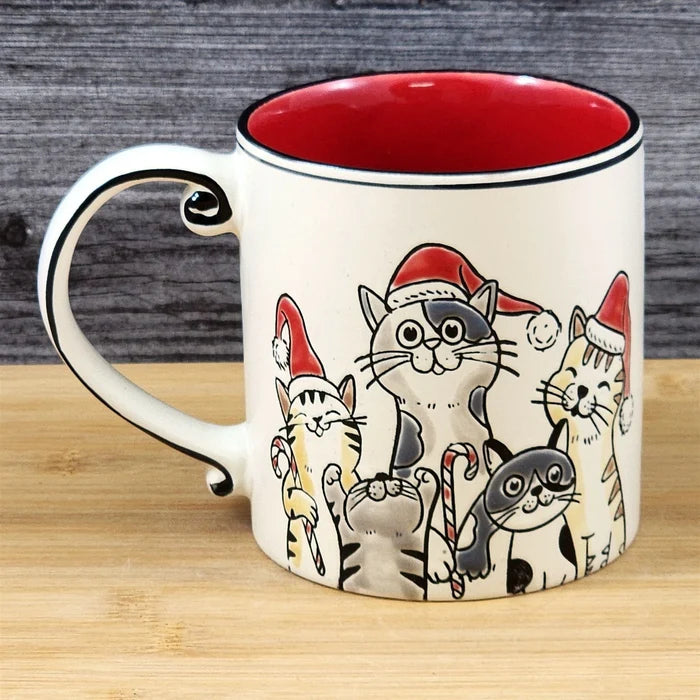 Christmas Cats in Santa Hat Ceramic Mug Blue Sky Ceramic Red Cup Holiday 21oz