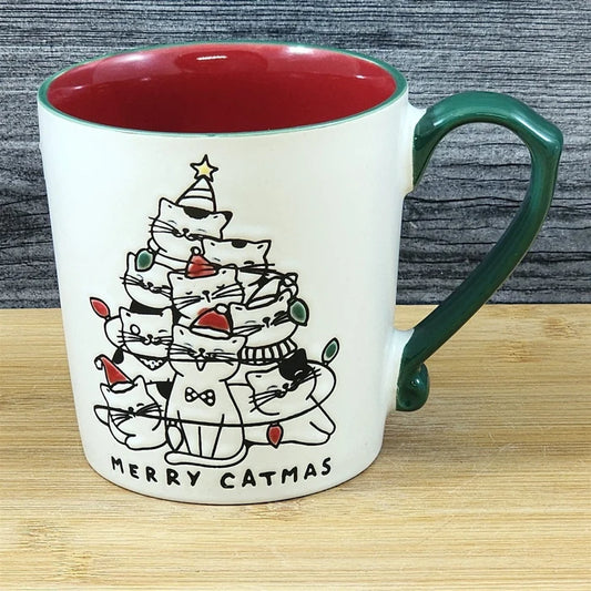 Christmas Cats in Santa Hats Tree Mug Blue Sky Ceramic Red Cup Holiday 18oz
