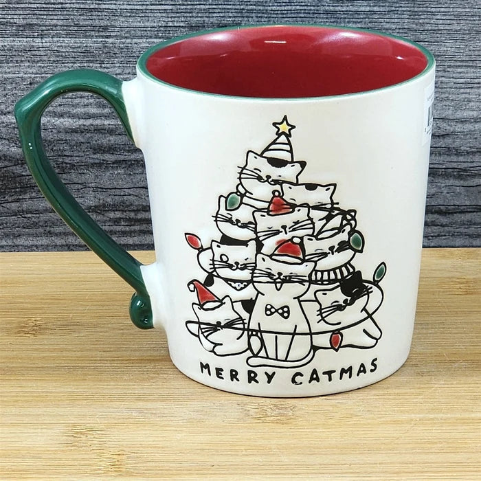 Christmas Cats in Santa Hats Tree Mug Blue Sky Ceramic Red Cup Holiday 18oz