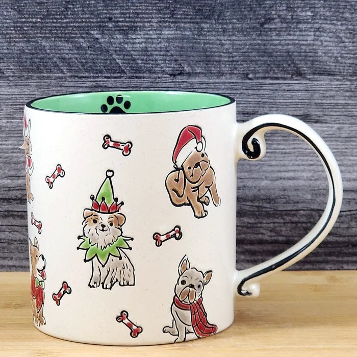Christmas Dogs in Santa Hat Ceramic Mug Blue Sky Ceramic Embossed Green Cup 21oz