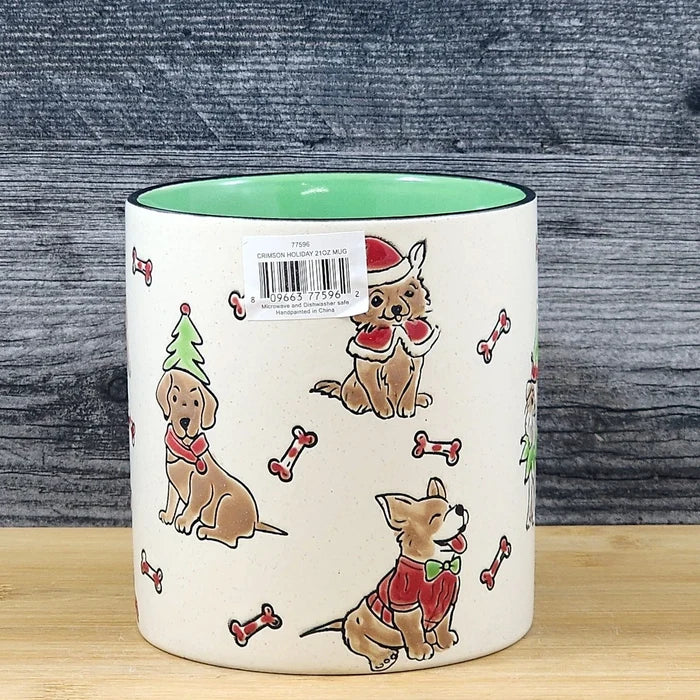 Christmas Dogs in Santa Hat Ceramic Mug Blue Sky Ceramic Embossed Green Cup 21oz