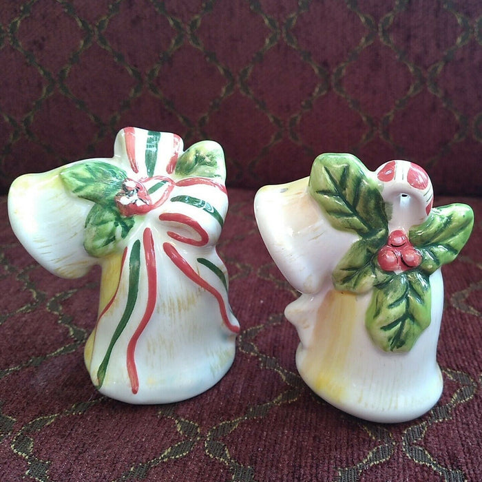Christmas Holiday Bells Salt And Pepper Shakers With Striped Bows