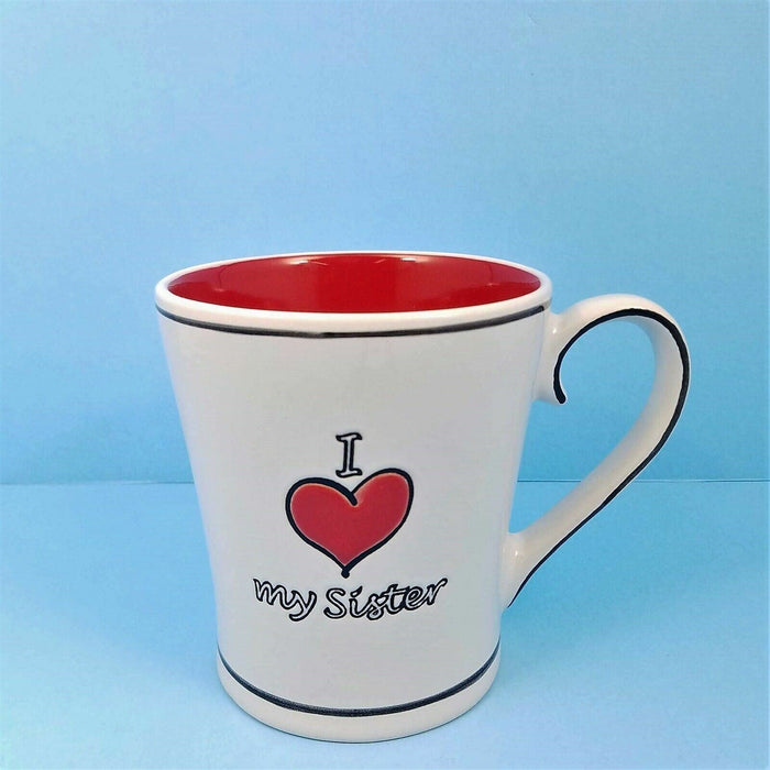 Coffee Cup Mug or Tea Cup I Heart My Sister Red and White 17oz Blue Sky Ceramic