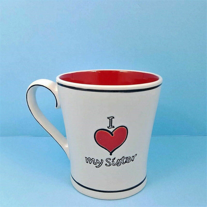 Coffee Cup Mug or Tea Cup I Heart My Sister Red and White 17oz Blue Sky Ceramic