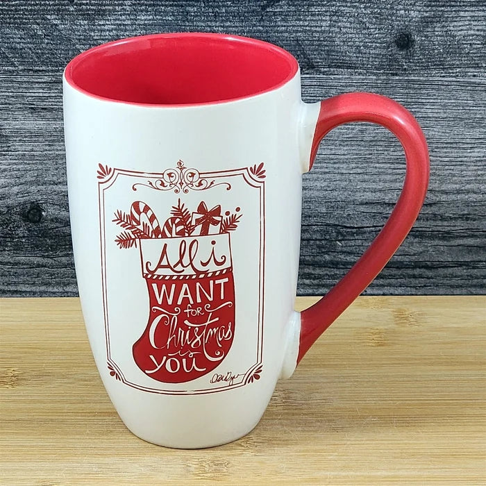 Coffee Mug Christmas Holiday Saying Red Stocking Ceramic Tall Cup Blue Sky 18oz