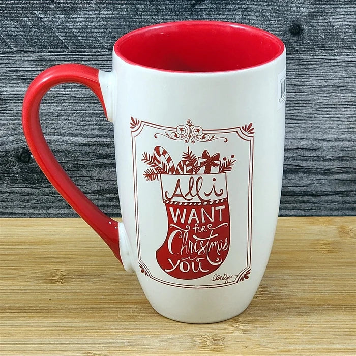 Coffee Mug Christmas Holiday Saying Red Stocking Ceramic Tall Cup Blue Sky 18oz