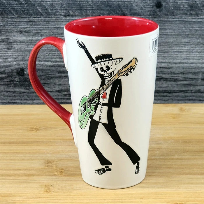 Coffee Mug Day of the Dead Skeleton Guitar Tea Cup Red Ceramic Blue Sky 17oz