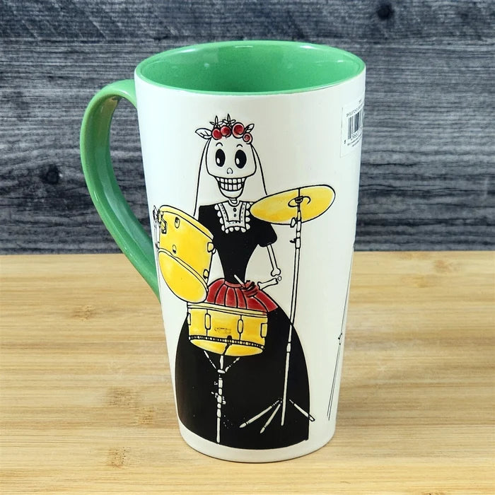 Coffee Mug Day of the Dead Skeleton Woman Drummer Cup Ceramic Blue Sky 17oz