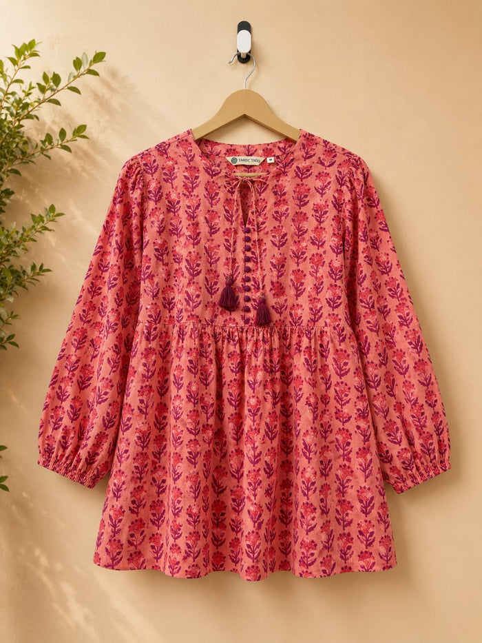 Coral Floral Block Print Peplum Top - Tara-C-Tara