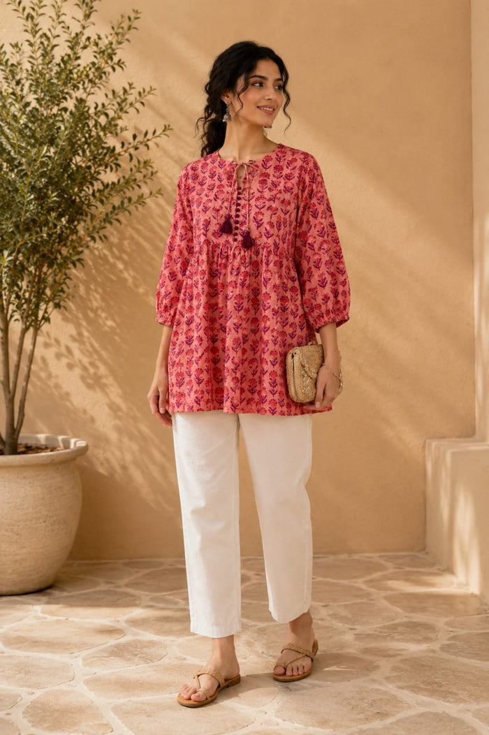 Coral Floral Block Print Peplum Top - Tara-C-Tara