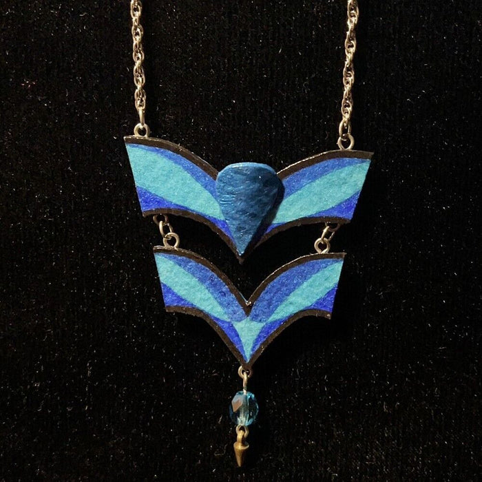 Double Curves Pendant in Shades of Blue with a Blue Bead Dangle on a 24" Chain