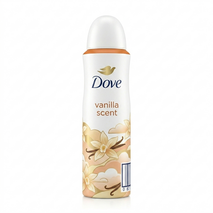 Dove Vanilla Scent deodorant spray on a white background