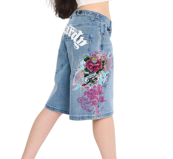 Ed Hardy Flower Diamond Rhinestone Embroidered Jorts - WEHD8002-7RS