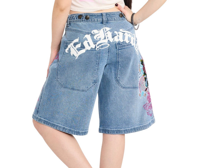 Ed Hardy Flower Diamond Rhinestone Embroidered Jorts - WEHD8002-7RS