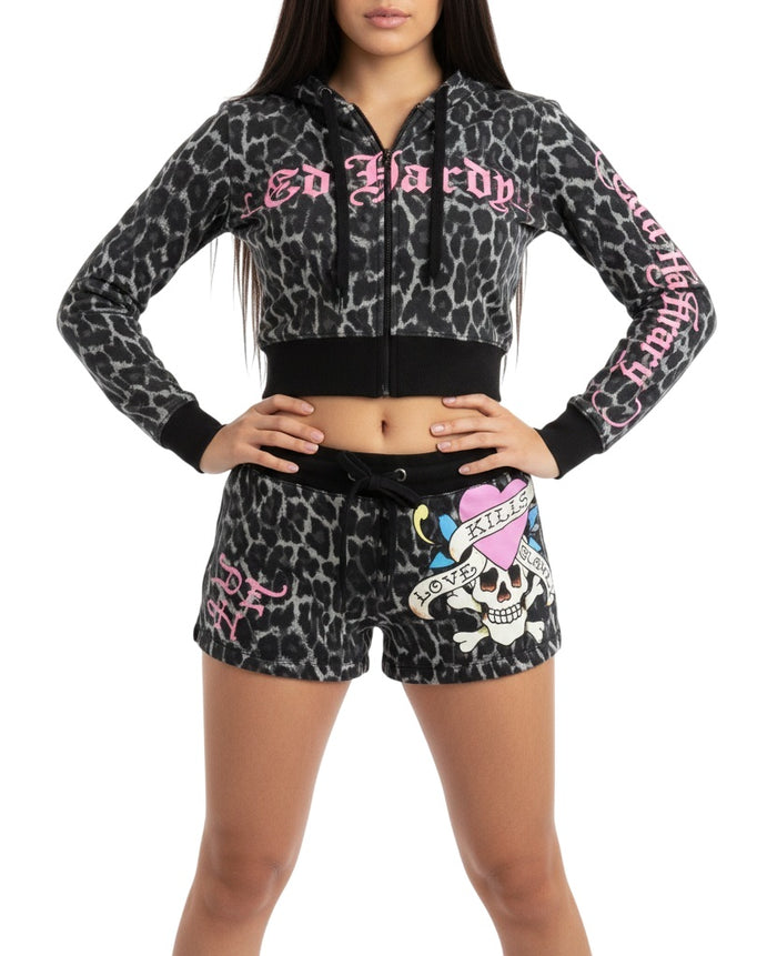 Ed Hardy Love Kills Slowly Pink Skull Zip Front Hoodie - EHW1800-93