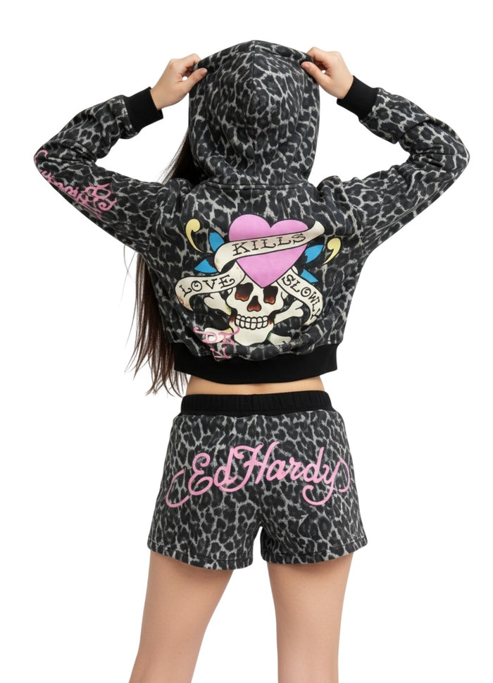 Ed Hardy Love Kills Slowly Pink Skull Zip Front Hoodie - EHW1800-93