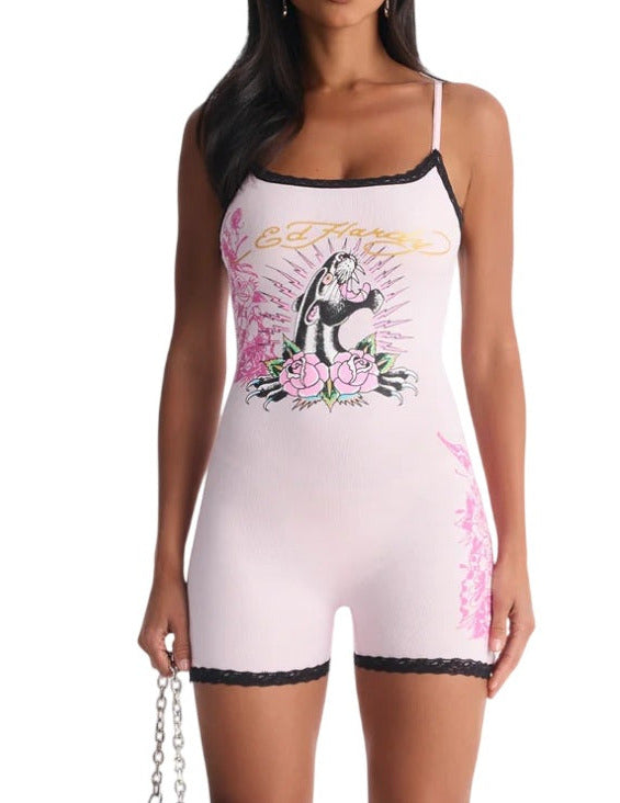 Ed Hardy Panther Roses Lace Sleep Romper - EHW9001-8FN