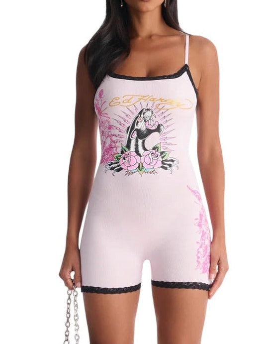 Ed Hardy Panther Roses Lace Sleep Romper - EHW9001-8FN