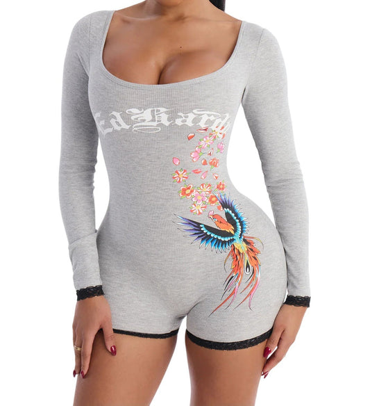Ed Hardy Phoenix Long Sleeve Short Lace Romper - EHW9006-2FN