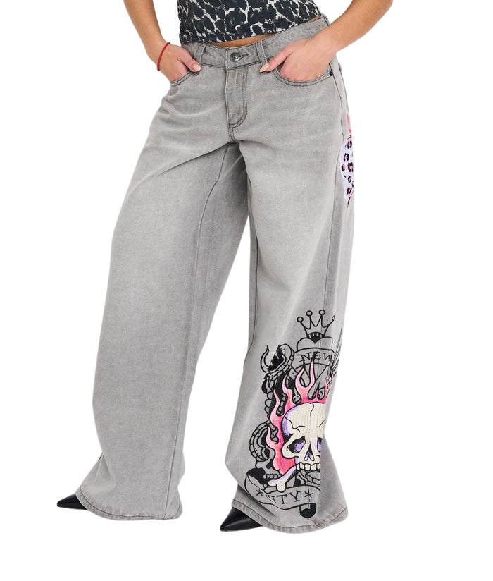 Ed Hardy Pink Skull Flame Baggy Jean Embroidered - WEHD8500-9
